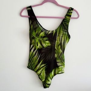 Leaf print sheer lightweight bodysuit for layering, comfortable, Mind Code